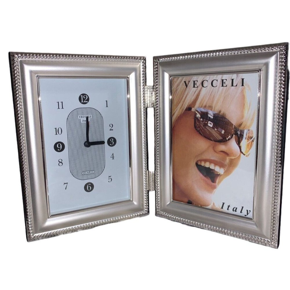 Vecceli Italy Silver Photo Frame/Quartz Clock  4” x 6”